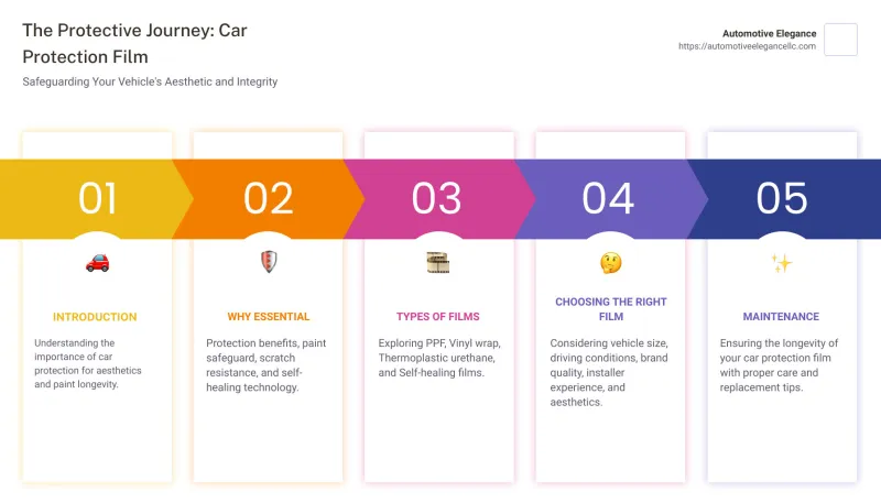 A 5-step roadmap for car protection film: Introduction, Why Essential, Types of Films, Choosing the Right Film, Maintenance.
