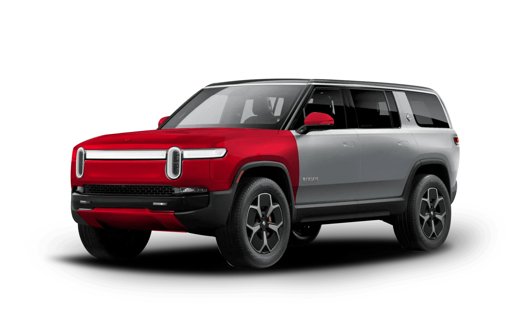 A Rivian R1S SUV, red on the front half and gray on the back, against a white background.