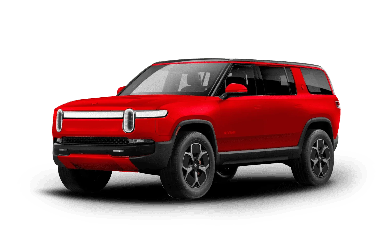 A red Rivian R1S electric SUV, viewed from a 3/4 angle, against a white background.