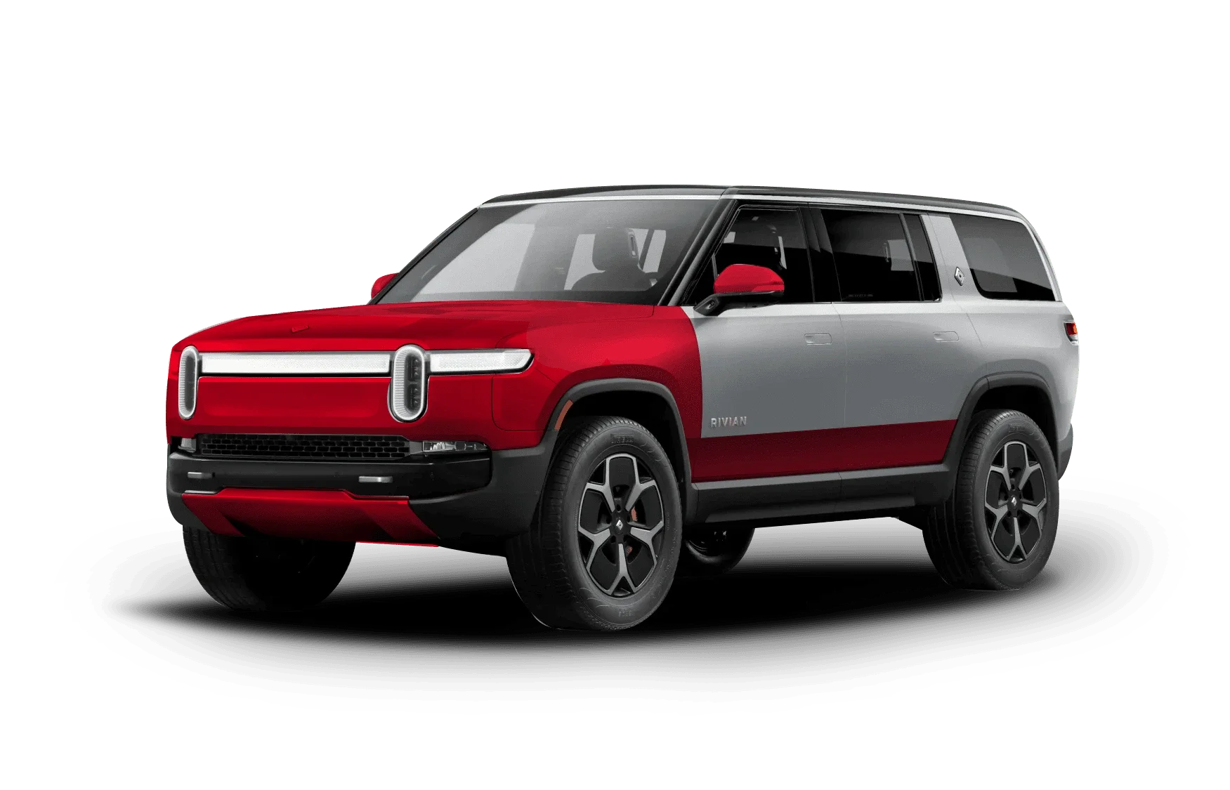 A red and grey Rivian R1S electric SUV, angled slightly right and shown against a white background.