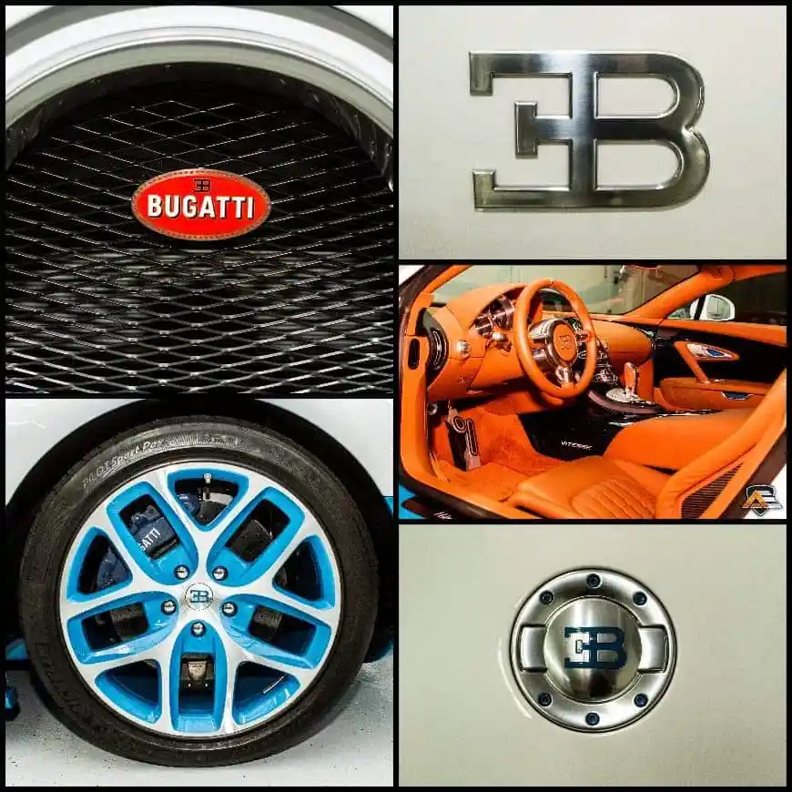 Bugatti Veyron detail collage featuring grille, wheels, interior, and badges