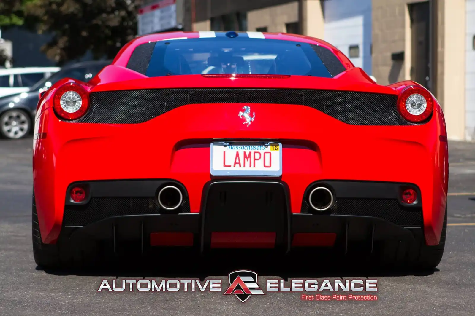 Rear view of a red Ferrari 458 Speciale with dual exhaust outlets