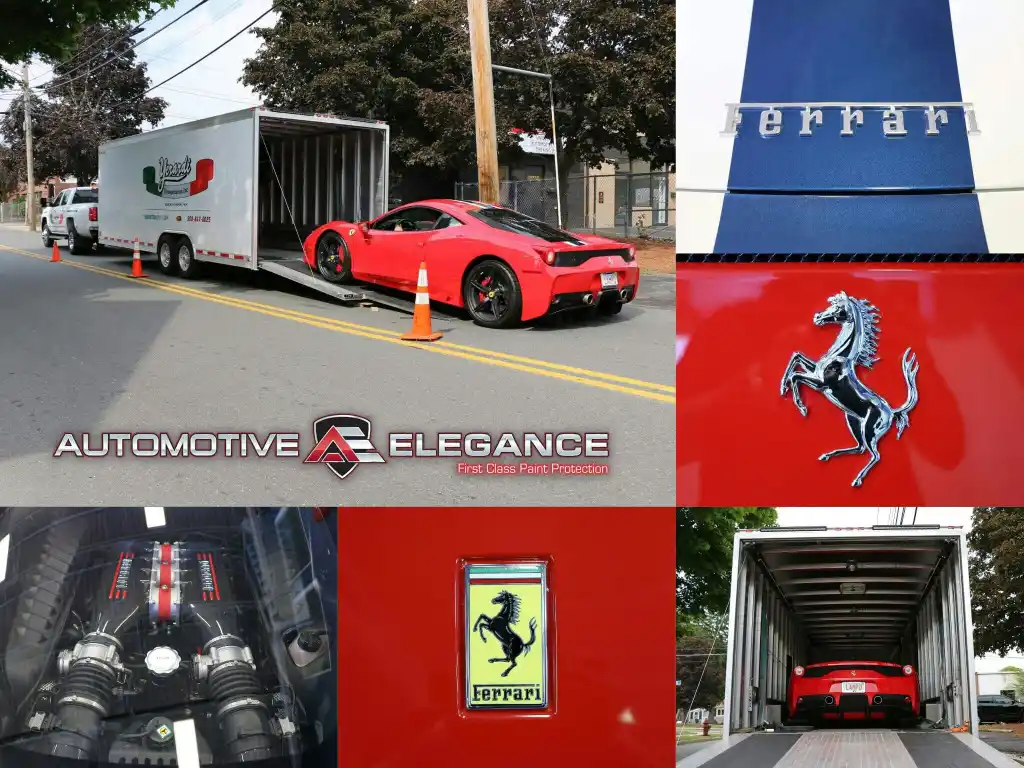 Ferrari 458 Speciale being loaded into an enclosed transport trailer