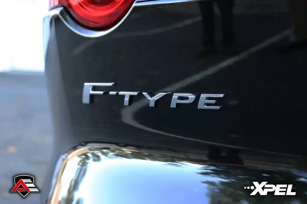 Close-up of Jaguar F-TYPE badge beside the rear taillight