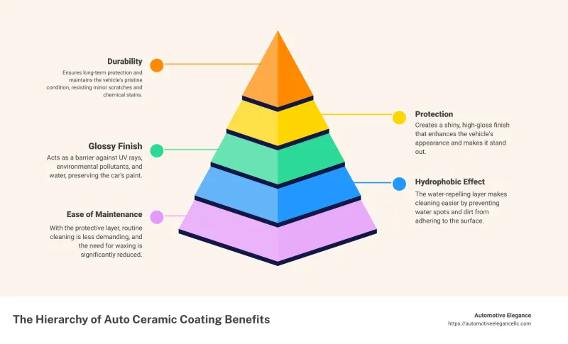 Infographic: 'The Hierarchy of Auto Ceramic Coating Benefits' pyramid illustrating durability, protection, hydrophobic effect, glossy finish, and ease of maintenance.