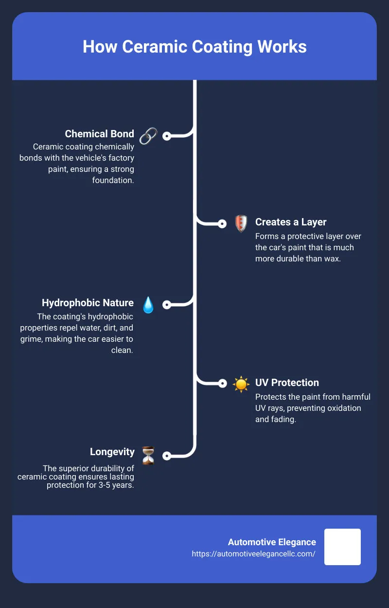 Diagram explaining how ceramic coating works: chemical bond, layer creation, hydrophobic nature, UV protection, and longevity.