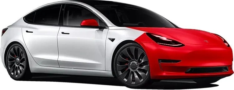 A Tesla Model 3, half bright red on the front right and half white on the back left.