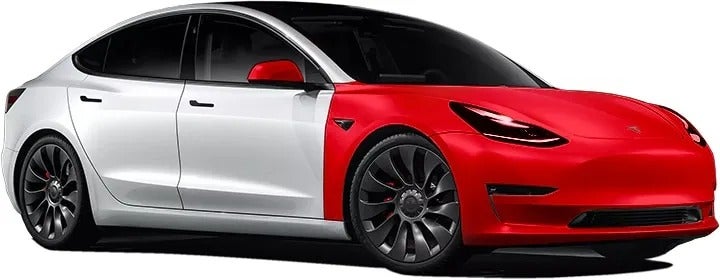 A white Tesla Model 3, front half in glossy red and back half in white, angled from front driver side.