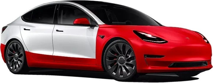 A white Tesla Model 3 car with a wide red stripe along the bottom, and a red front and red side mirrors.