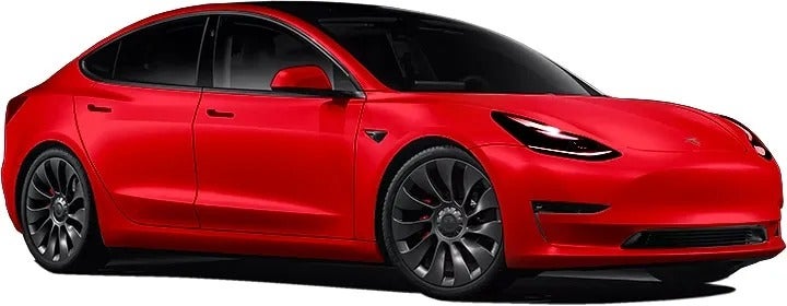 Front 3/4 view of a shiny red Tesla Model 3 with a black roof, blacked-out windows, and black wheels.