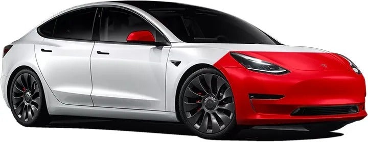 Front red and rear white Tesla Model 3 from the left side.