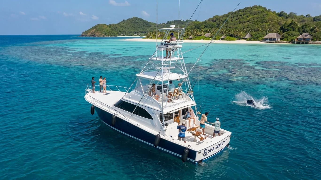 A blue and white fishing boat with people on it, a fish splashing in the water, and an island in the background.