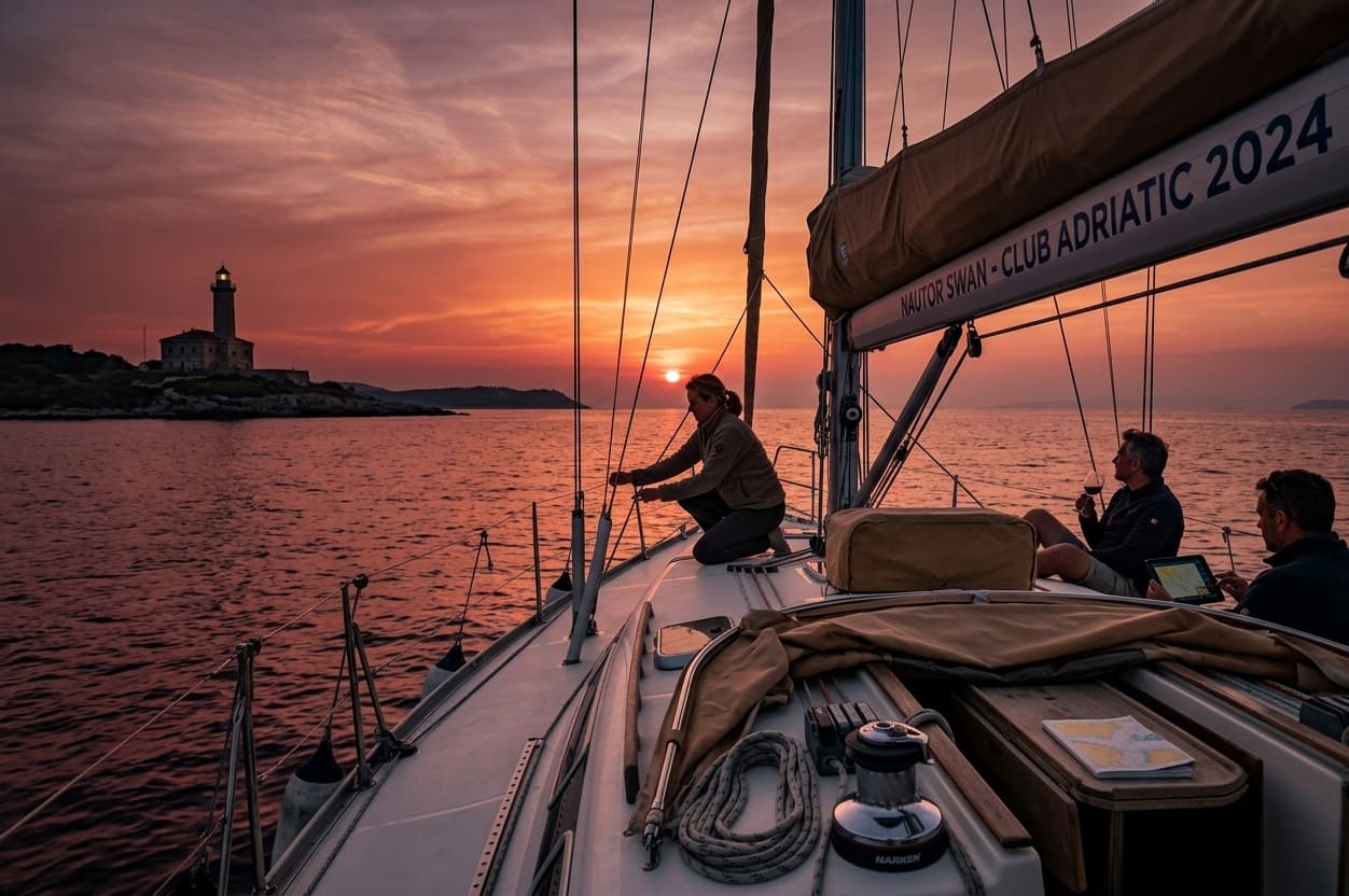 sailboat cruising on sunset