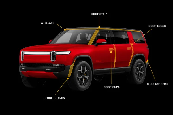 Diagram of add-on areas: A pillars, roof strip, door edges, door cups, luggage strip and stone guards