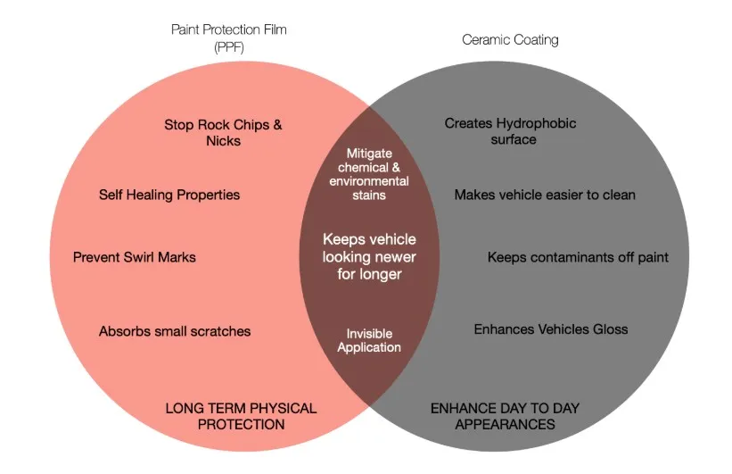 Venn diagram comparing features of Paint Protection Film (PPF) and Ceramic Coating for vehicles.