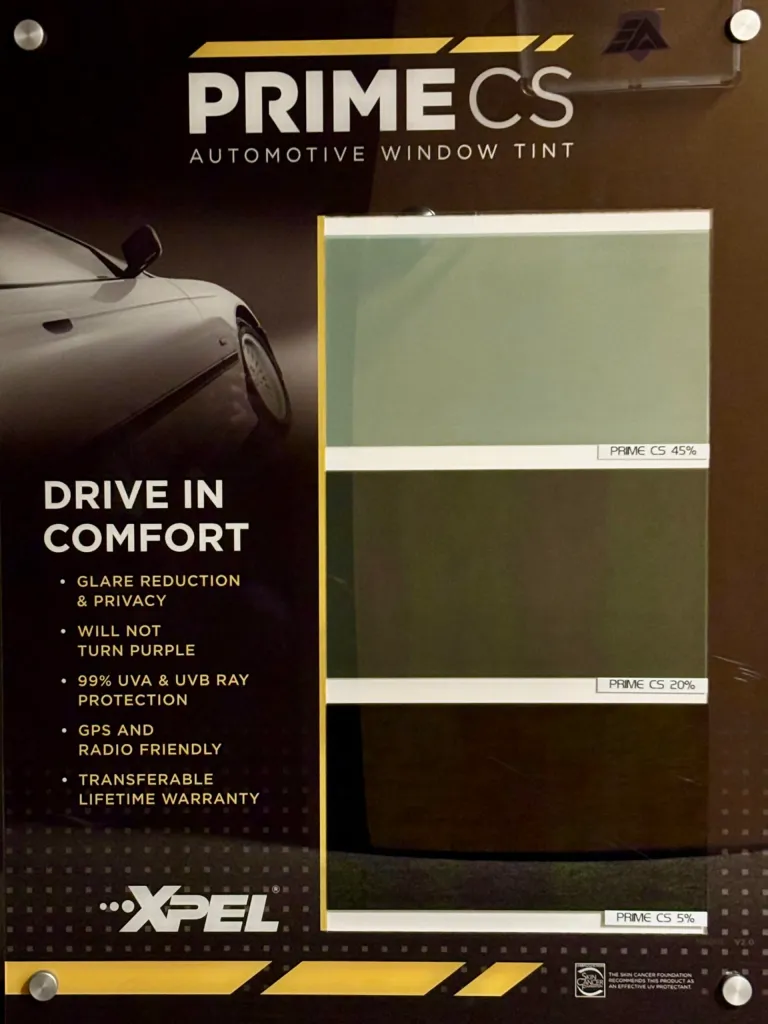 XPEL Prime CS automotive window tint shade sample display