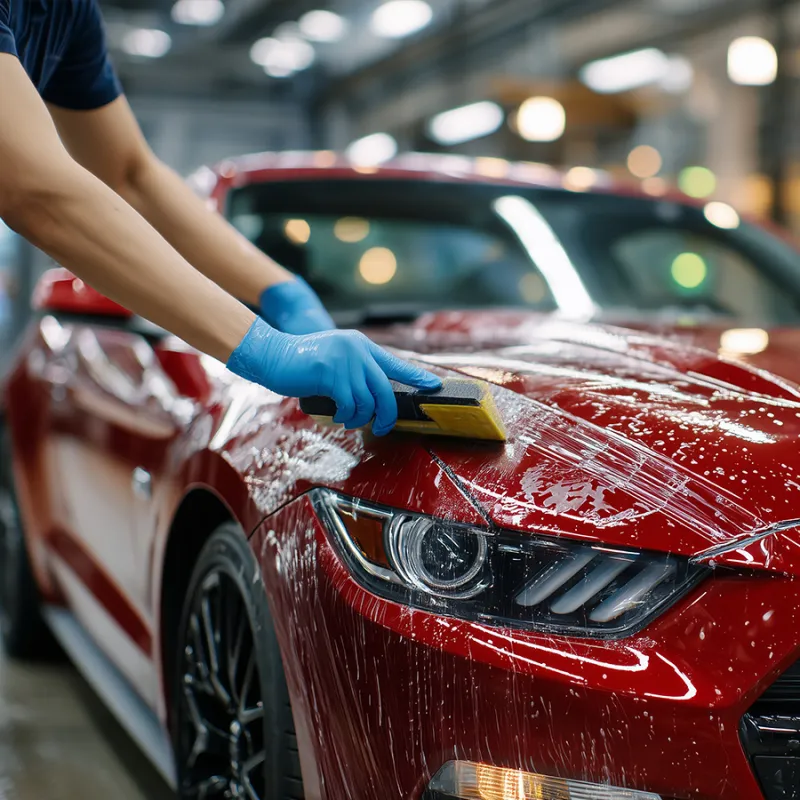 Ultra-detailed shot of paint protection film being applied to a red car hood